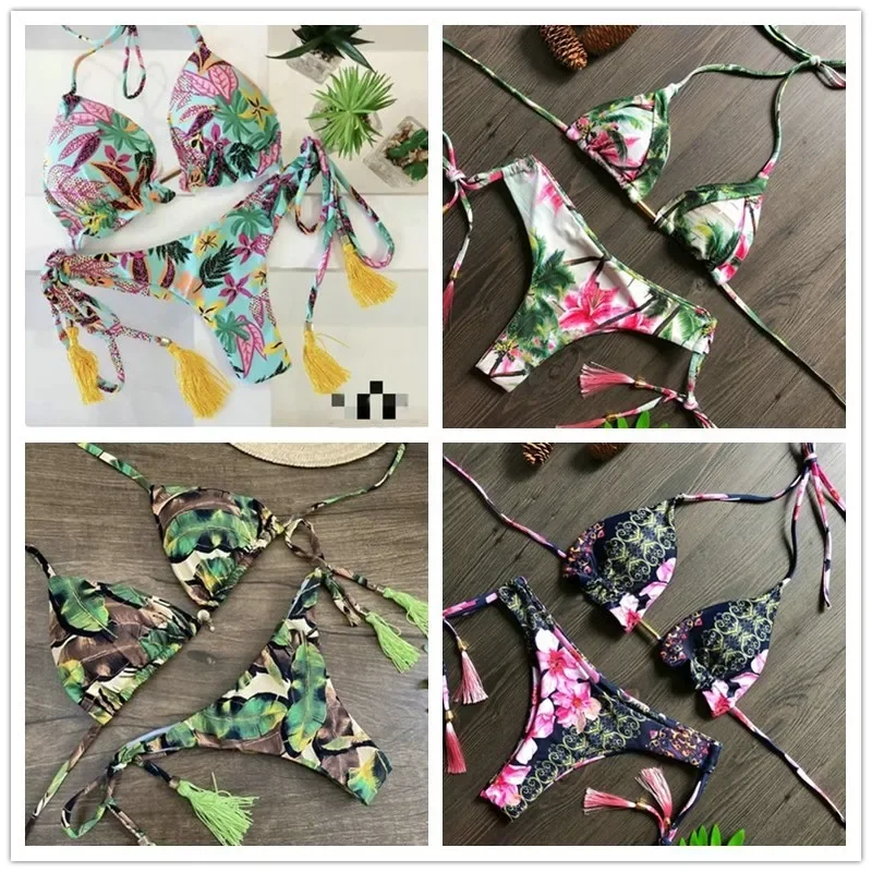 Biquíni feminino 2 peças, sexy, estampa floral, micro biquíni, tanga, bojo, traje de banho, 2020