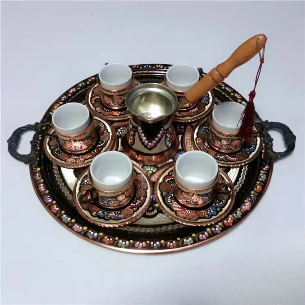 

Imported high-end handmade coffee pot, coffee cup copper tray set, enamel color hand-painted craftsmanship