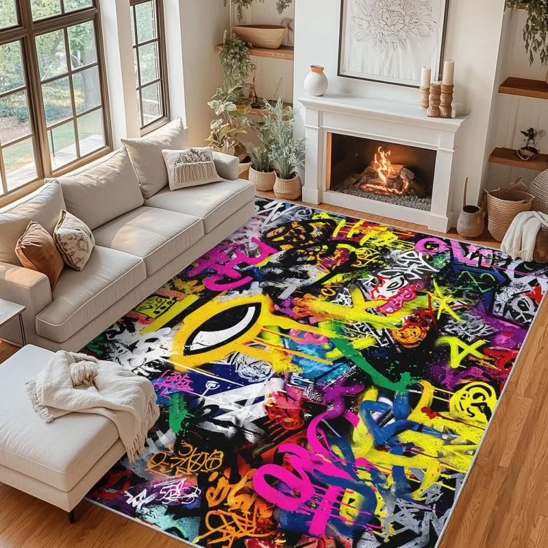 Colorful Abstract Graffiti Art Area Rug Urban Street Style Multicolor Print Carpet Hip Hop Home Decor Non-Slip Floor Mat