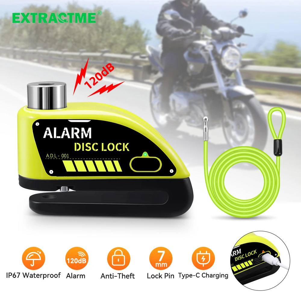 Extractme motocicleta alarme freio a disco bloqueio de segurança moto roda disco cadeado à prova dwaterproof água 110db alto anti roubo alarma moto