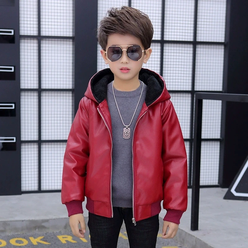Plus Velvet Winter Boys Leather Jacket Keep Warm Fashion Hooded Waterproof Children Outerwear 2-13 Years Teenagers Kids Clothes