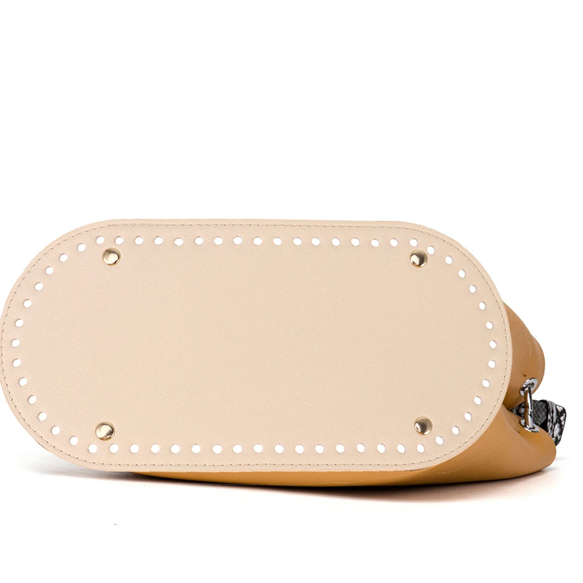 แผ่นรองฐานกระเป๋าทรงรีทำจาก PU สีแอปริคอต สำหรับงาน DIY ทนทาน มีรูและตะปู 4 ตัว อุปกรณ์ตกแต่งกระเป๋าสุดหรู