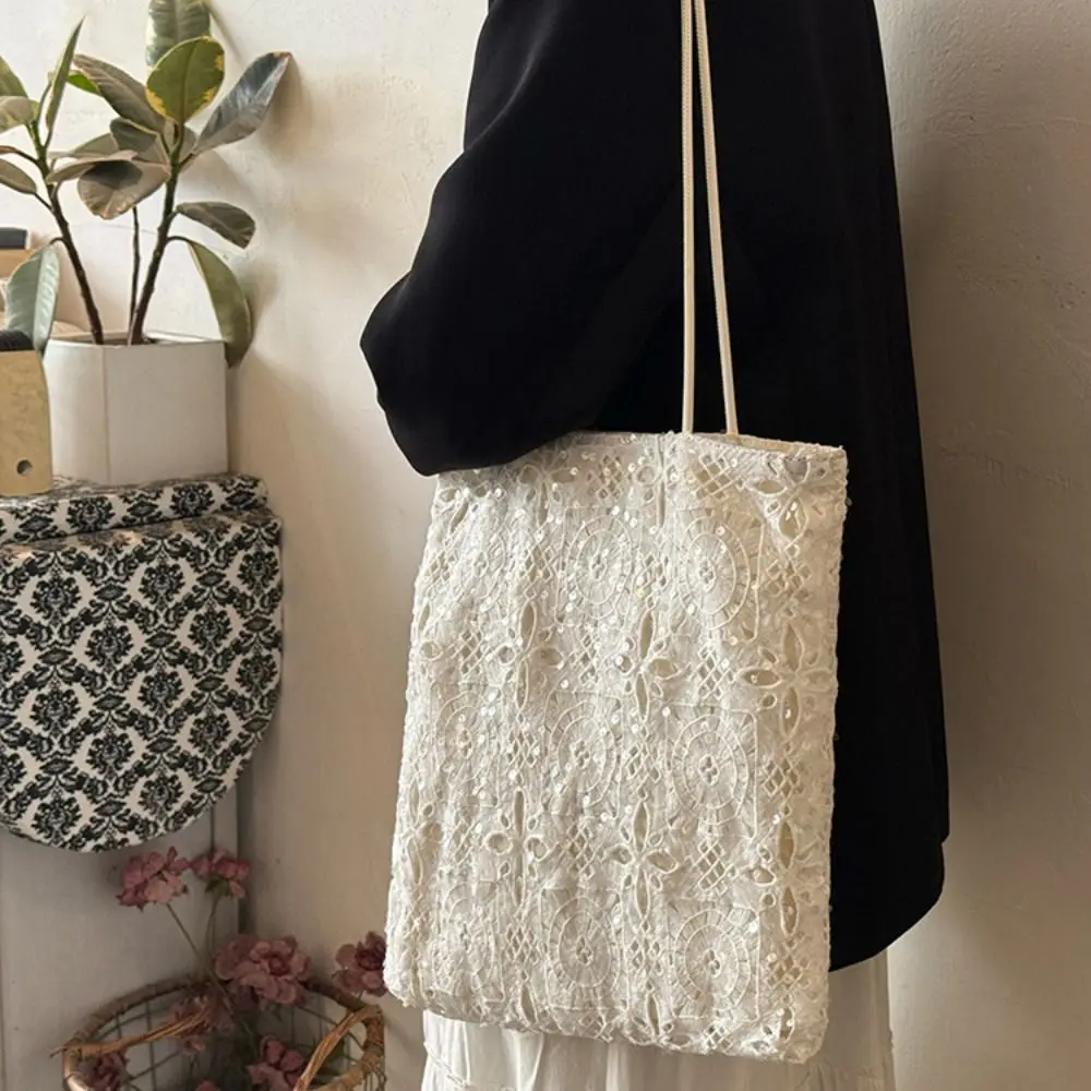 الجوف خارج التطريز الدانتيل حقيبة كتف المطرزة زهرة الترتر حمل حقيبة سعة كبيرة البوهيمي المرأة نسج حقيبة يد الإناث #4