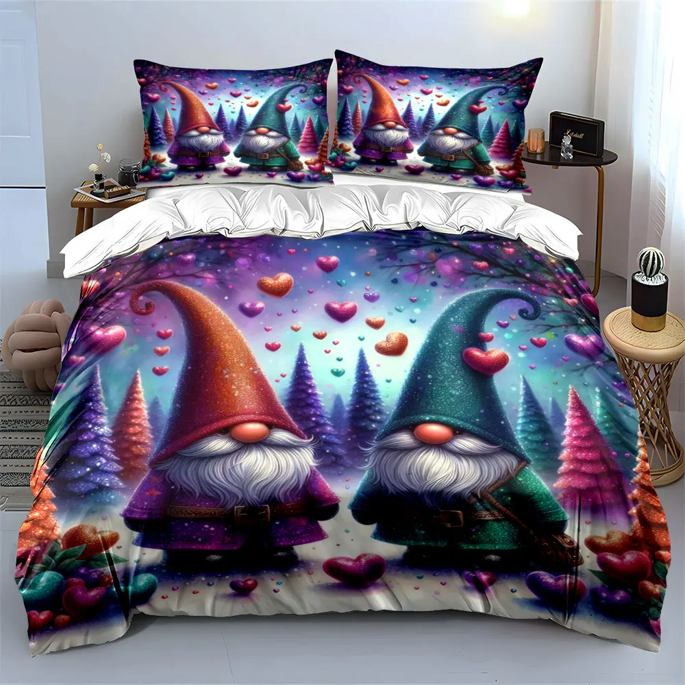 Adorable gnomes surrounded by hearts in a colorful forest Print Duvet Cover Bedding Set Included 1*Duvet Cover 2*Pillowcases