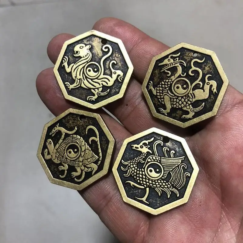 Antiqued brass hexagonal pendant featuring the four mythical beasts: Green Dragon, Red Bird