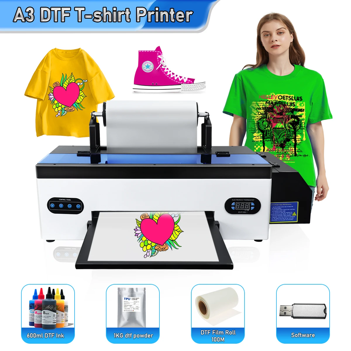 DTF Printer Machine A3 R1390 DTF Impresora Directly to Film Printer with Roll Feeder for Clothing T-shirt A3 DTF Printer Bundle