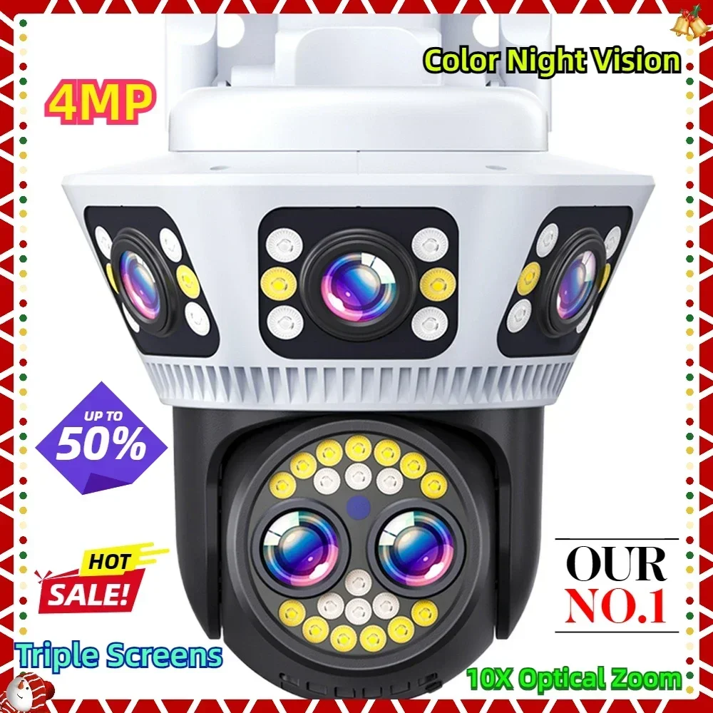 

4MP 10X Optical Zoom 360 Wide Angle Color Night Vision Siren Alarm Triple Screens Outdoor WiFi Security Camera With