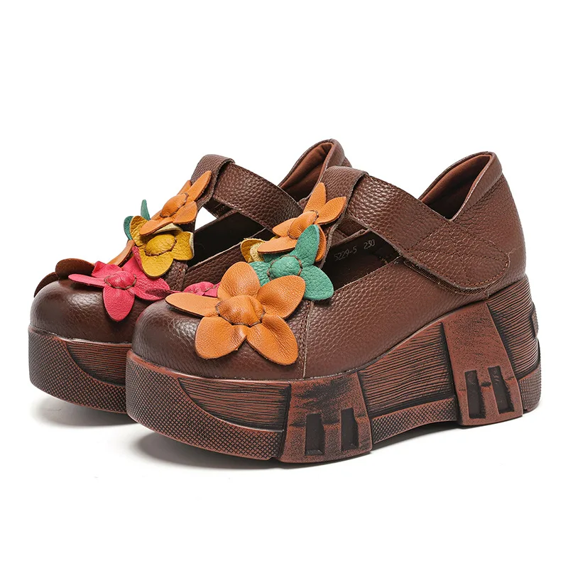 2026 New 7cm Spring Ethnic Flowers Women Pumps Genuine Leather Shoes Wedges Heels Shoes Thick Sole Casual Ladies Platform Shoes