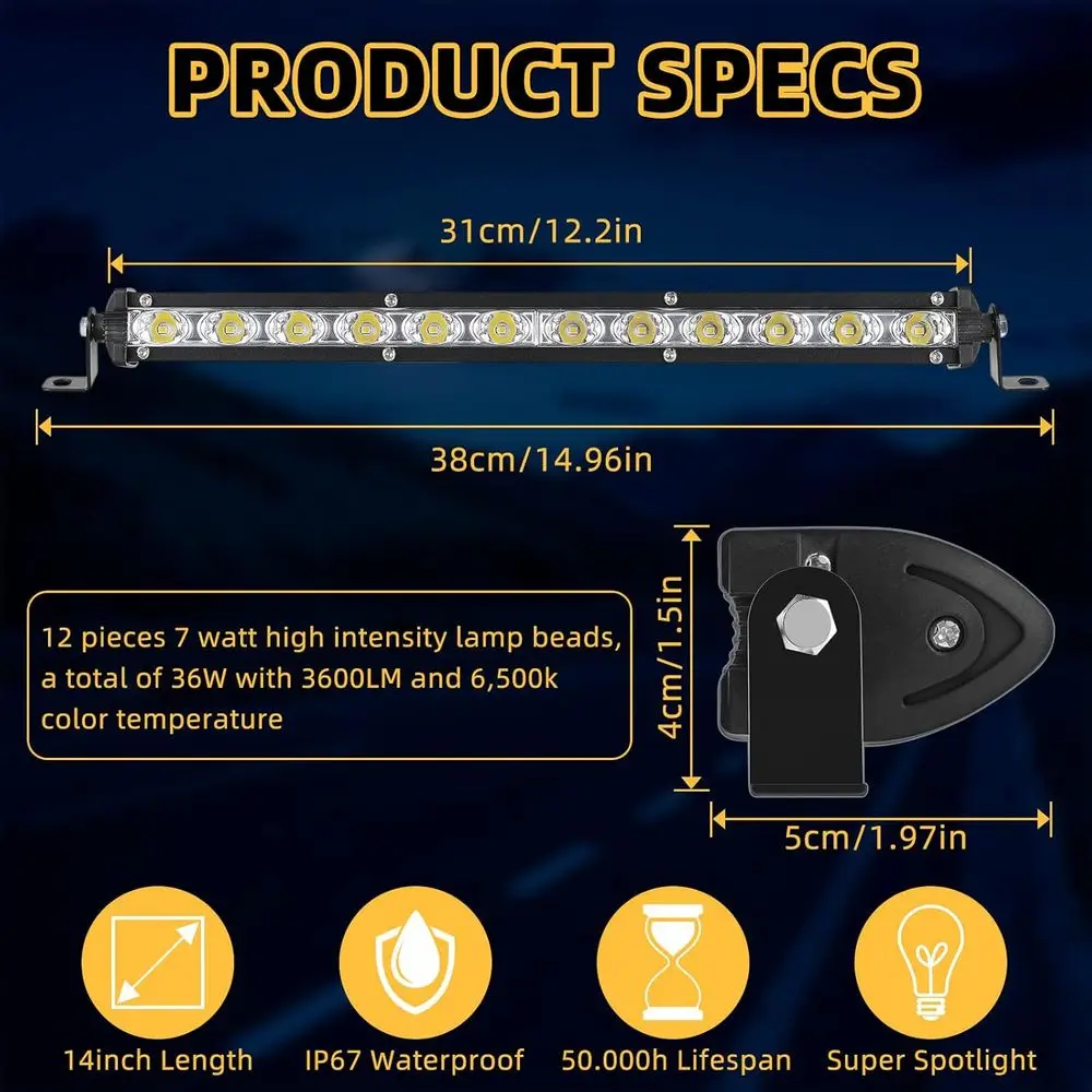 Fascio combinato barra LED sottile da 14 pollici e 6 pezzi, 36 W, 3600 LM, impermeabile IP67, per ATV, UTV, camion, barche, luci fuoristrada 12 V-24 V