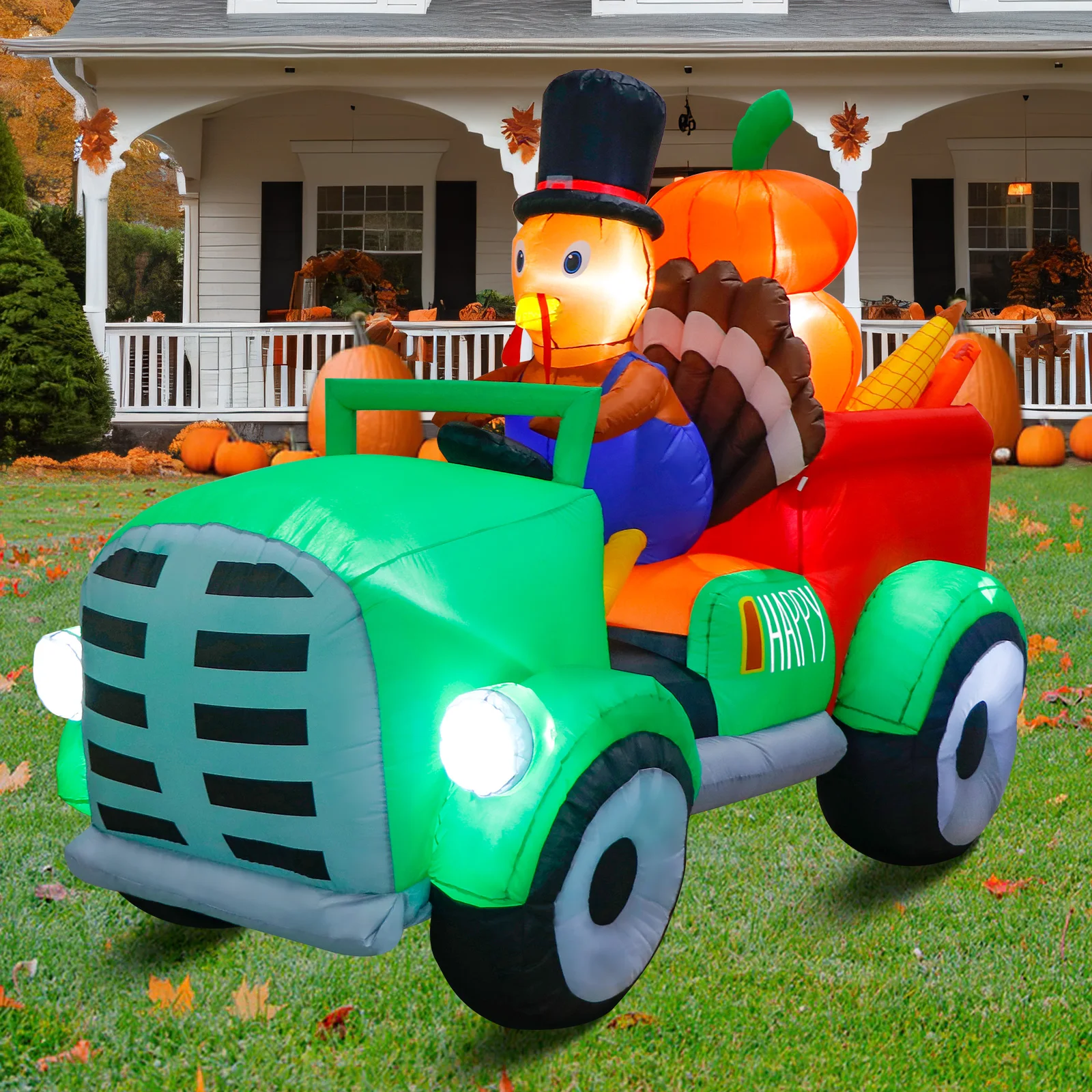 

95*65in Thanksgiving Harvest Decor inflatable Turkey Driving Car Decoration, Blow Up Inflatables for Party Yard Garden Lawn Fall