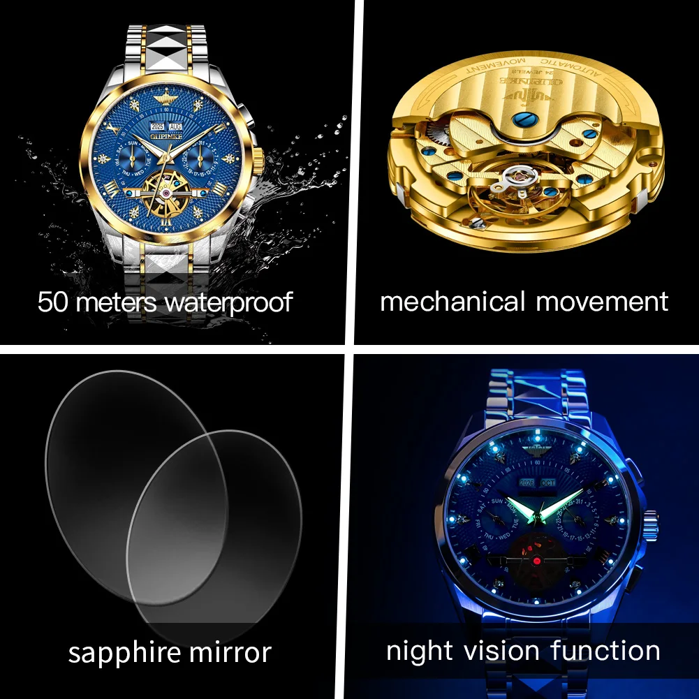 OUPINKE 3270 Automatisch mechanisch herenhorloge Wolfraam stalen band Multifunctioneel Datum Waterdicht Lichtgevend herenpolshorloge