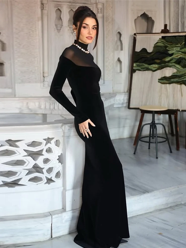 Sisterlinda Trend Elegante Beflockung Kleid Frauen Halb Hohe Kragen Mesh Patchwork Herbst Sexy Cocktail Party Stretch Dünne Bodycon