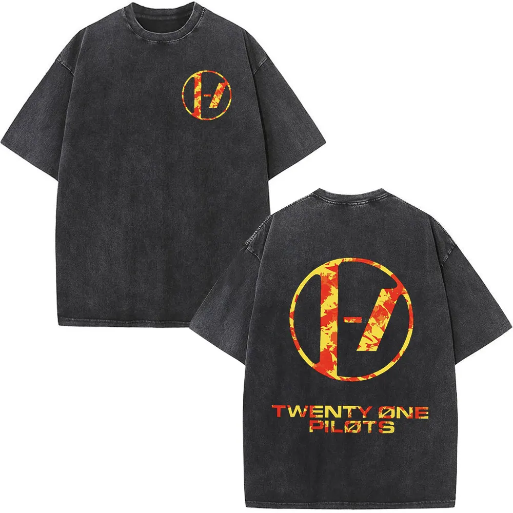 Rock Band Twenty One Pilots Logo Print Vintage Washed T-shirt Mens Women Fashion Oversized T-shirts 100% Cotton Casual T Shirts