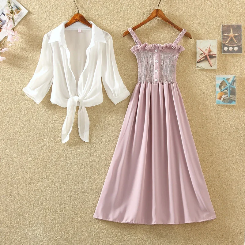 Retro High-waisted Slimming Base Strapped Dress Two-Piece Set Summer Wear for Women New Dress Outfit Women Dress