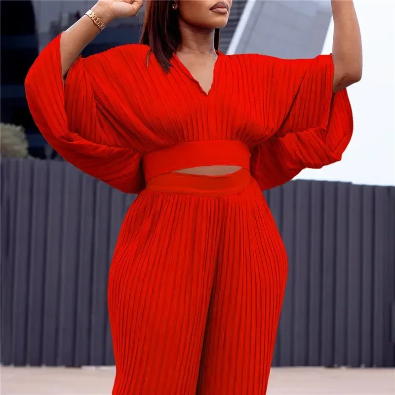 

Loose Casual Long Pants Sets Africa Female Fashion Long Sleeve Pleated V-neck Top& Wide Leg Pants 2 Piece Sets Matching Suits