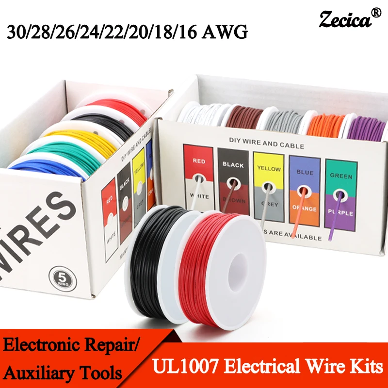 

Boxed UL1007 Electrical Wire PVC Insulation 5 Colors Mix Kit 30/28/26/24/22/20/18/16 AWG Stranded Line PCB Tinned Copper Cable