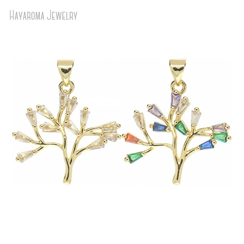 

10Pcs Copper Gold Color Jewelry Invisible Setting Plant Tree Shape Metal Glass Cubic Zirconia Buddhism Wholesale Pendant