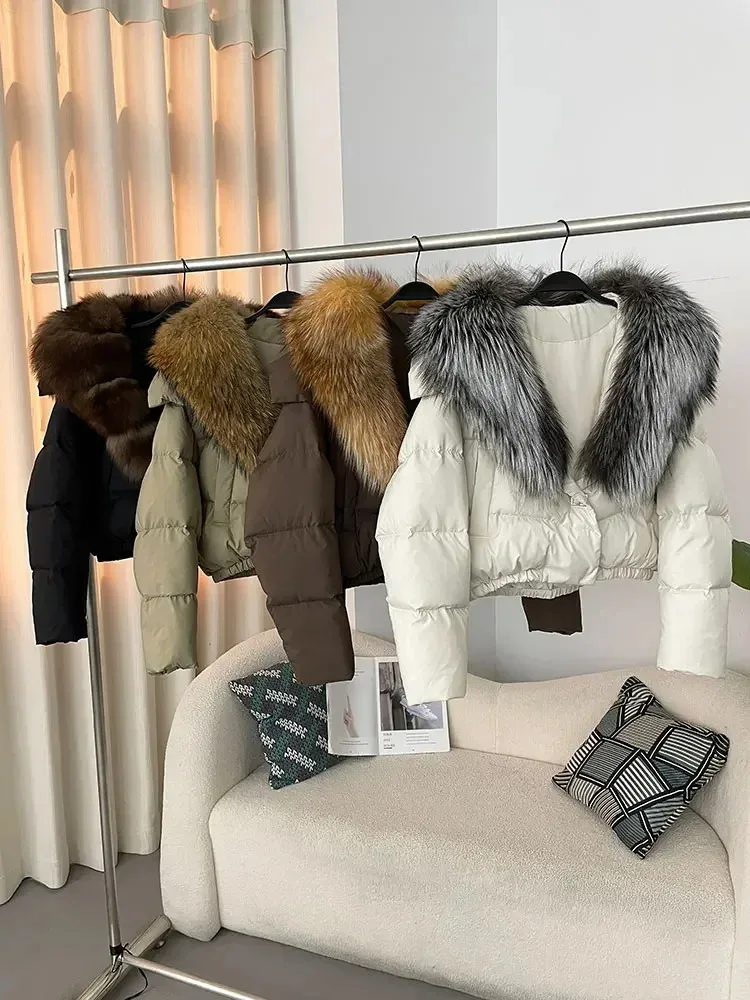 2024 Echt fuchs Pelz jacke großer Echt fuchs Pelz kragen natürliche dicke warme Enten Daunen mantel kurze Oberbekleidung Streetwear neue Winter frauen