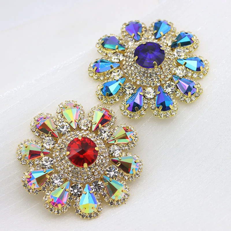 5.5cm Round Sun Flower Rhinestone Applique Colrful Sew on Rhinestone Brooch With Gold Base For DIY Party Dance Dress Decoration