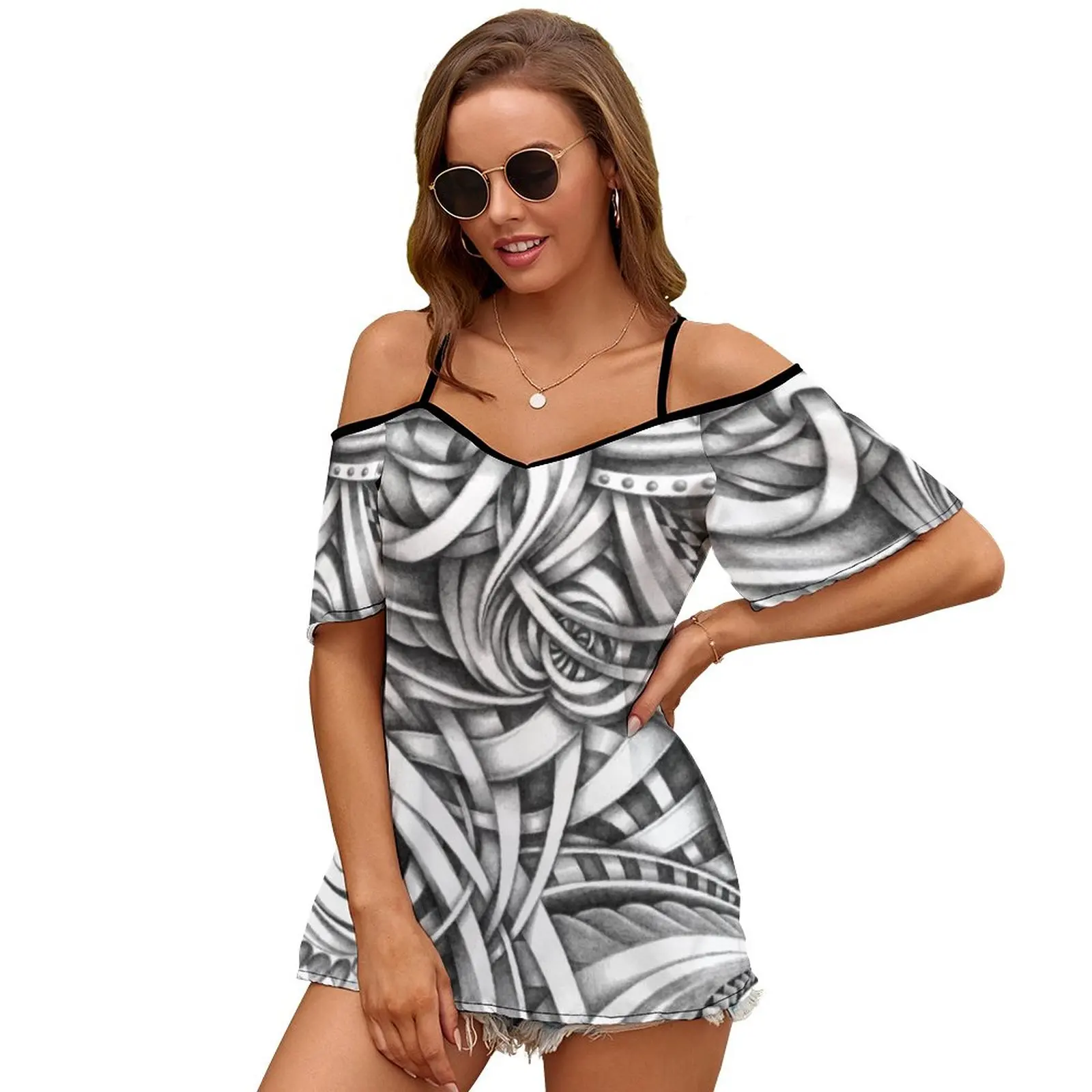 Escher Like Abstract Hand Drawn Graphite Gray Depth 2289 Women Print T Shirt Casual Off Shoulder Loose Pullover Tops Fashion