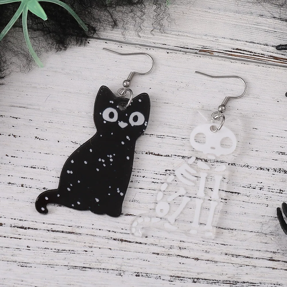 New Halloween Earrings Black and White Cat Skeleton Cat Earrings Transparent Acrylic Earrings Dark Halloween Party Decoration