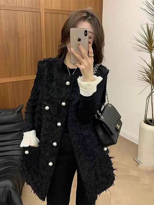 Small Fragrant Style Tassel Single-row Top Pearl Button Vest Jacket Women\'s Autumn 2024 New Long Coats Korean Fashion Loose Vest