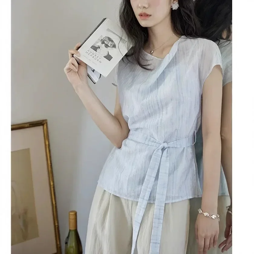 Pop Pop Morirose Blue Short Sleeve Shirt Women's Summer French Vintage Waist Cinched Silver Heat Treatment Tie Neck Top Slim Fit