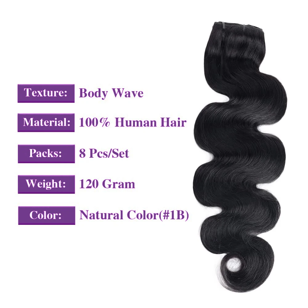 Extensiones de cabello humano brasileño Remy para mujeres negras, cabello virgen con Clip de onda corporal, 8 piezas, 240g por paquete