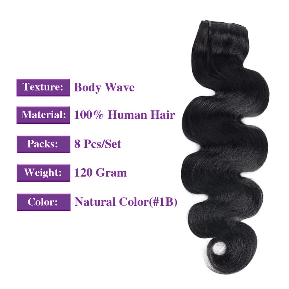 Extensiones de cabello humano con clips Body Wave, 8 piezas, negro natural, remy, tejido de piel, para salón 3
