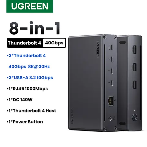 UGREEN Thunderbolt4 USB 허브 8-in-1 도킹 스테이션 40Gbps, MacBook 노트북용 Thunderbolt 4 3개 4K60Hz 8K30Hz 1000Mbps 10Gbps