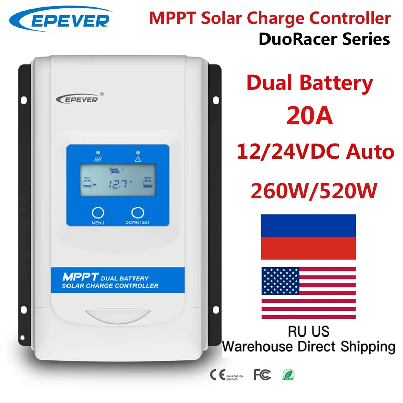 

EPEVER 20A MPPT Solar Charge Controller Dual Battery 12V 24V DuoRacer2210N Use For RV Camper Boat With Accessory Optional