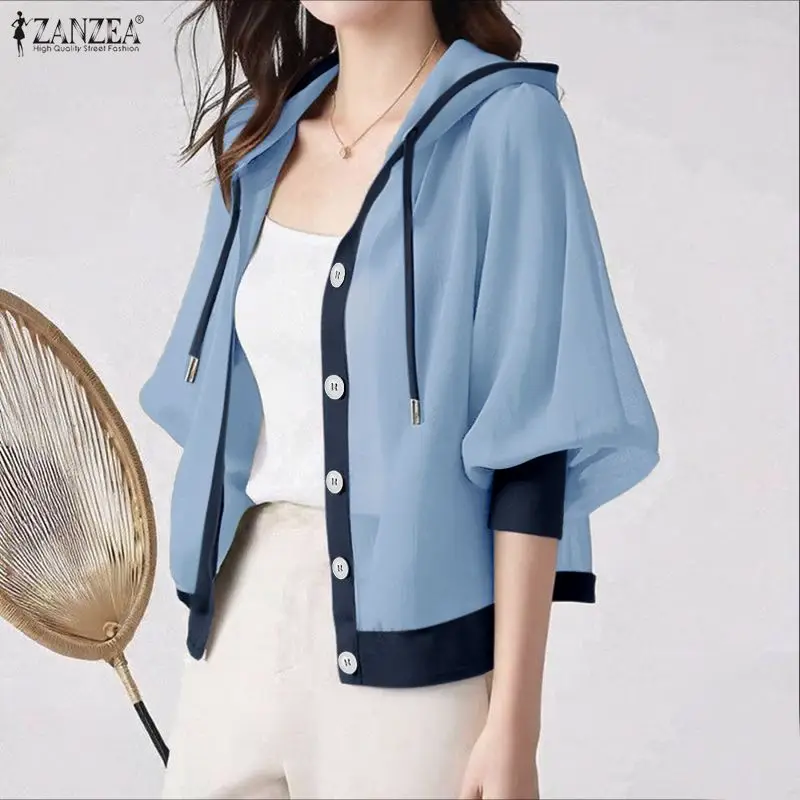 

ZANZEA Women Shirts Fashion 3/4 Sleeve Casual Solid Sew-through Loose Blouse 2026 Elegant Office Streetweat Hooded Tops Cardigan