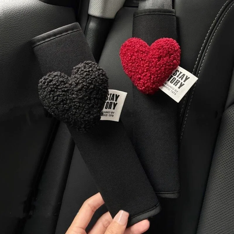 1pc Cute Retro Red Heart Car Seat Belt Cover Ice Silk Shoulder Strap Harness Cushion Auto Protector Fun Vehicle Safety Accessory