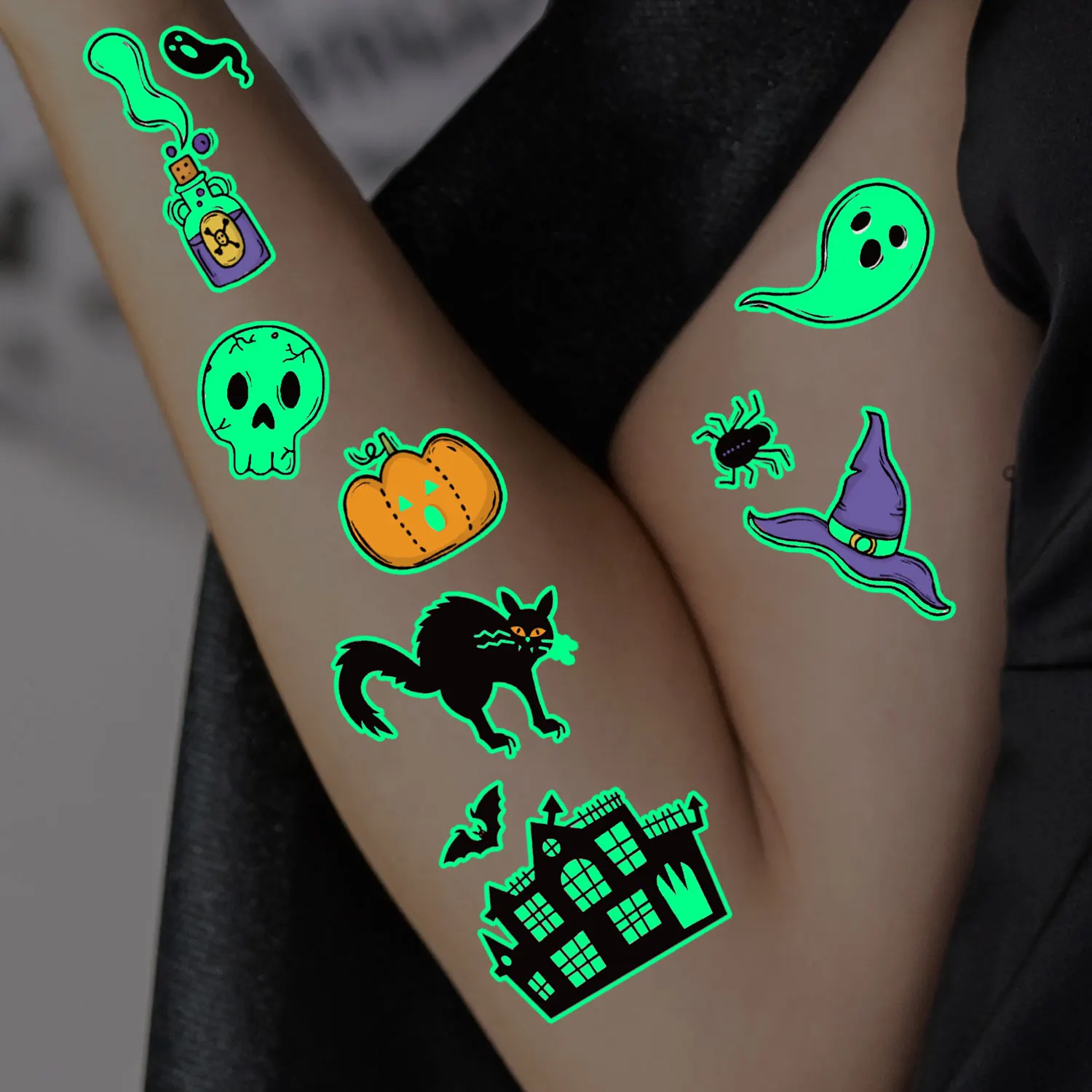 ملصقات وشم مؤقتة، 10 ورقات مع 180 قطعة، تتوهج في الظلام، سلسلة الهالوين، مقاومة للماء، تصميمات واقعية