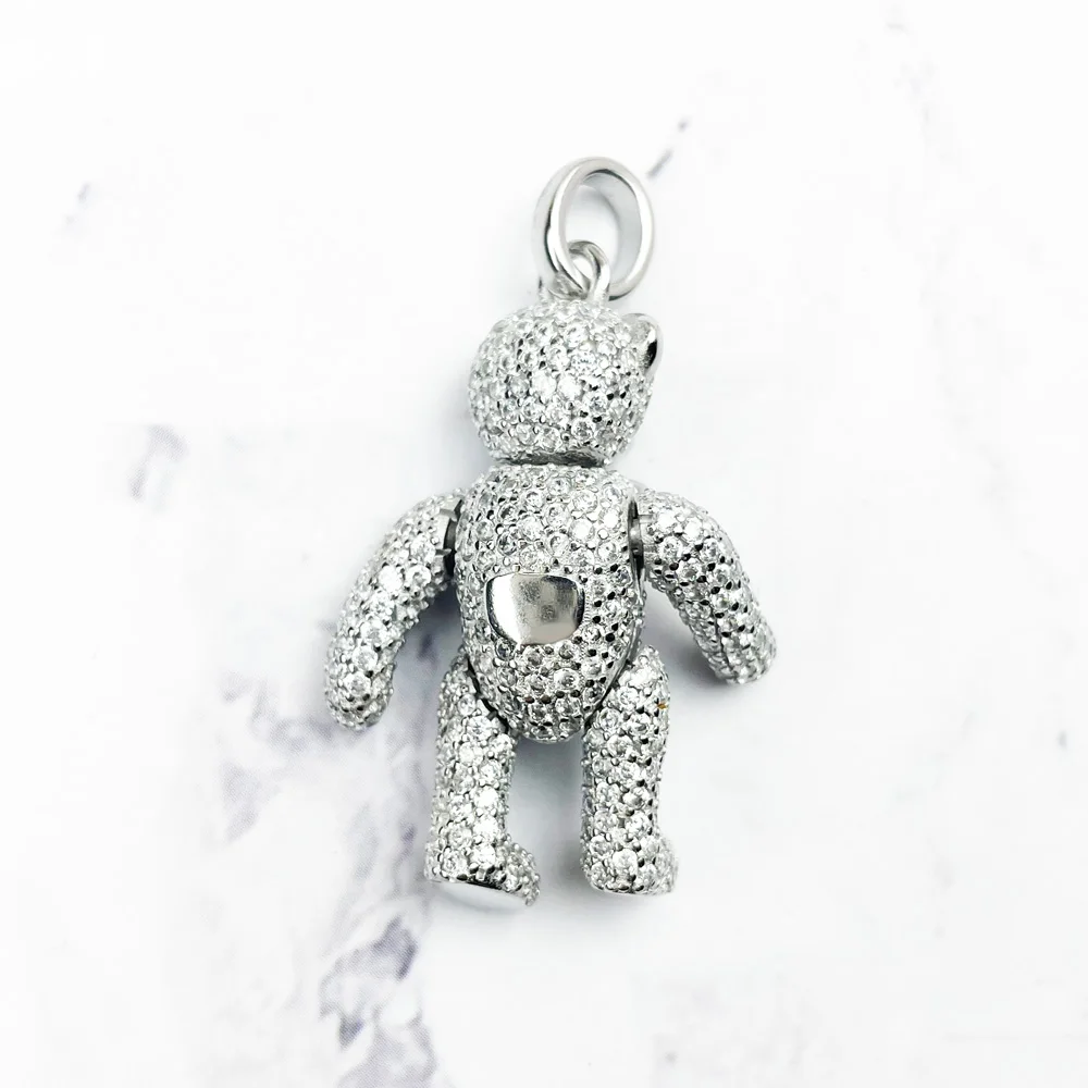 Pendant Teddy Bear Rotatable Limbs & Head 925 Sterling Silver With White Zirconia Fine Romantic Jewelry Trendy Gift For Woman