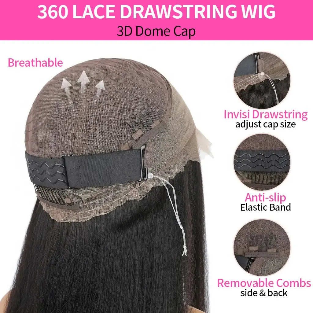 250% Density 360 Full Lace Glueless Wig, Kinky Straight Human Hair with Drawstring