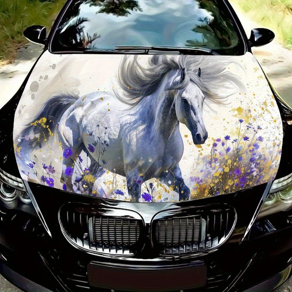 

Majestic White Horse in Floral Gallop Car Hood Vinyl Wraps, Car Engine Decal Sticker, Waterproof Self-adhesive Car Vinyl Wraps,