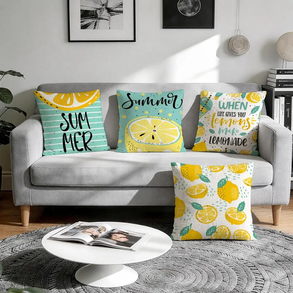 Refreshing Summer Lemon Cushion Cover Natural Breathable Durable Linen Printed Decor Pillow Case Sofa Bedroom