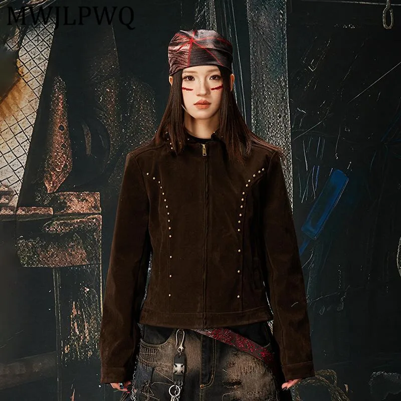 

MWJLPWQ Men's New Flocked Retro Short Slim Fit Rivet Jacket For Women Stand Collar Zipper Slim Casual Tops Spring Trend 13274