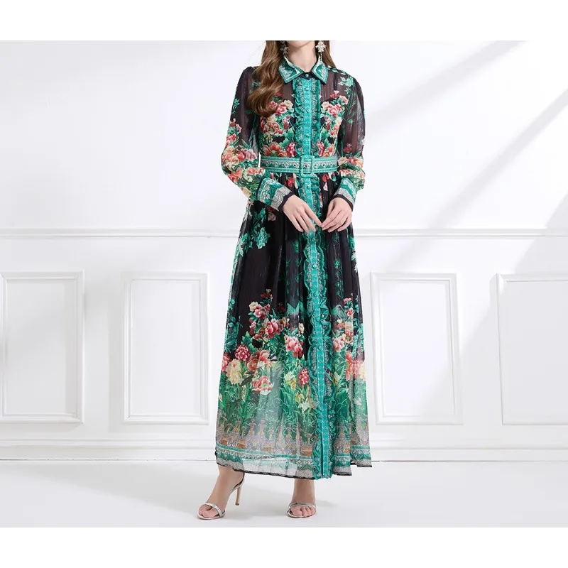 فستان عتيق للنساء قصر فستان مطبوع عتيق زهري كم طويل ميدي خط أنيق ربيعي فيستدوس ملابس بالجملة