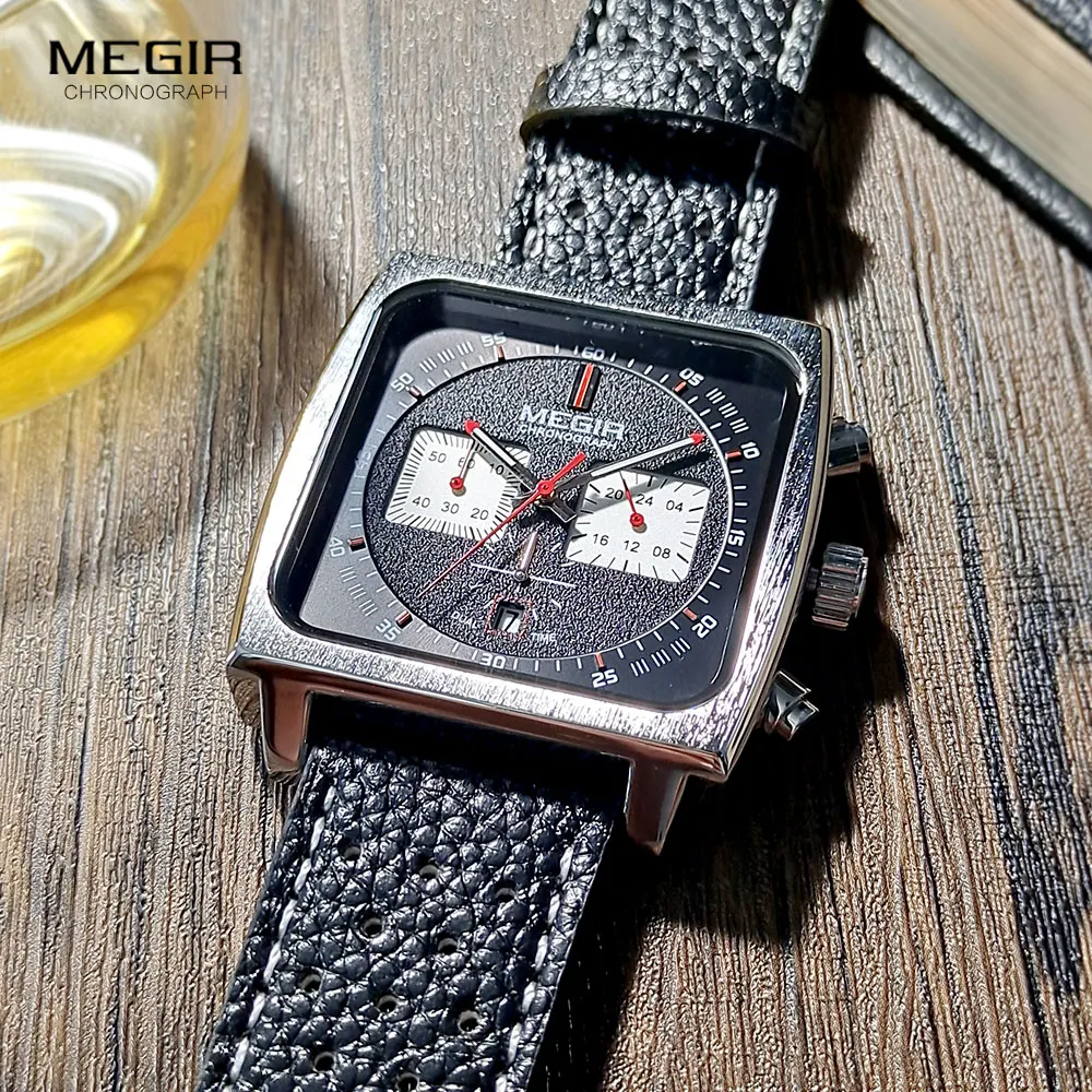 MEGIR Casual Quartz Watches for Men Leather Strap Waterproof Luminous Chronograph Wristwatch with Date 24-hour Indicator Silver