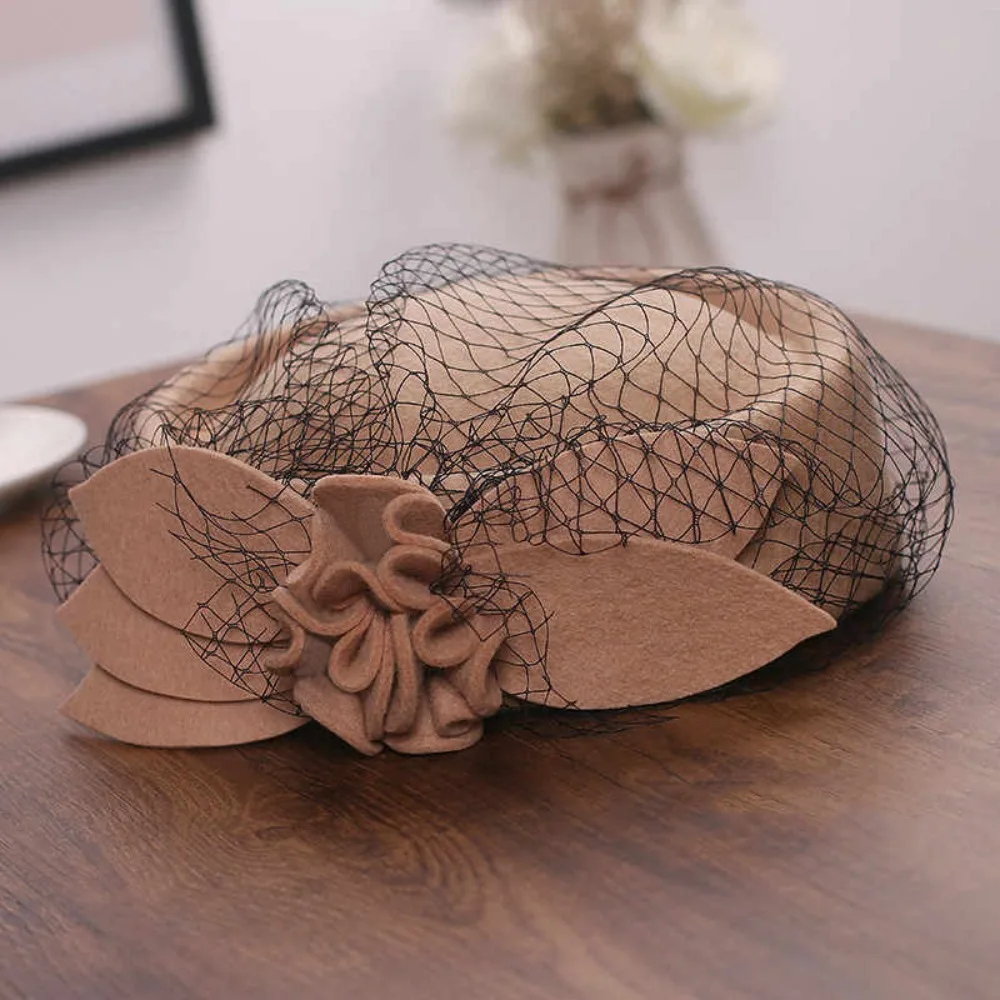 

Woolen Top Hat Vintage Mesh Topper Hat Flower Solid Color Pillbox Hat Retro Charm Formal Hat Fashion Show
