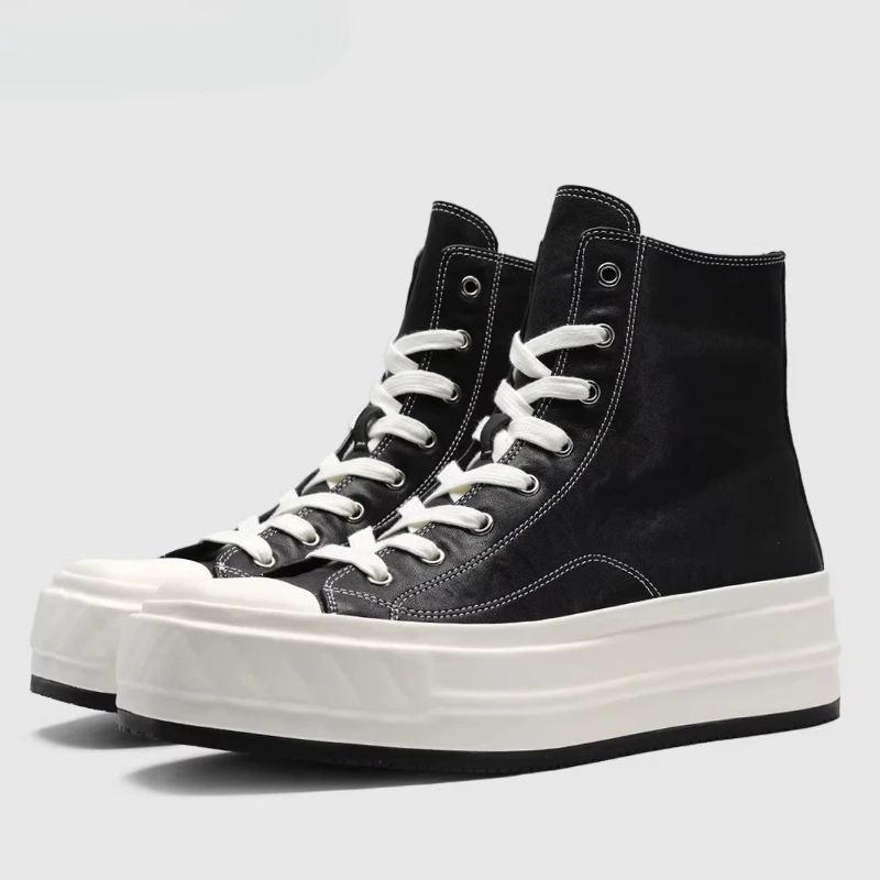 Horseskin Square Head Casual Board Shoes for Men's Horsehide Sewing High Top Shoes Breathable Thick Sole Height-increasing Boots