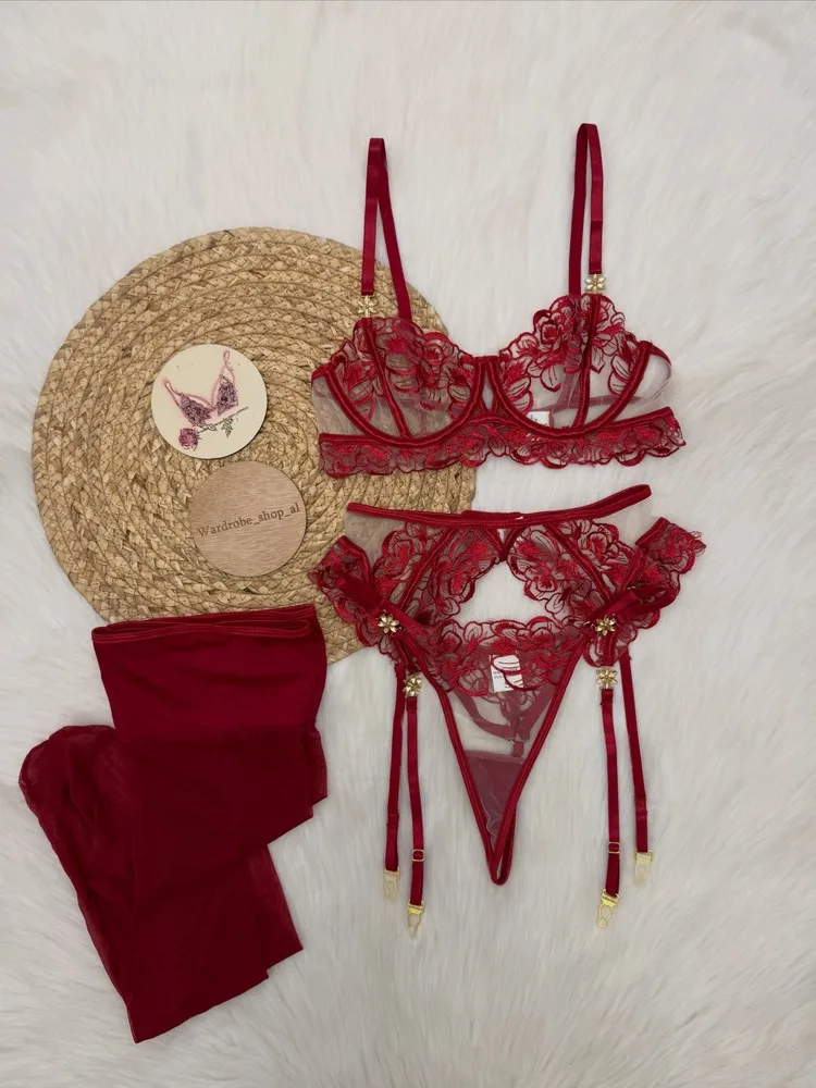 Women's Burgundy Lace Lingerie Set Underwire Bra Thong Panty Garter Straps Stockings Floral Embroidery Sexy Underwear Outfit view 3