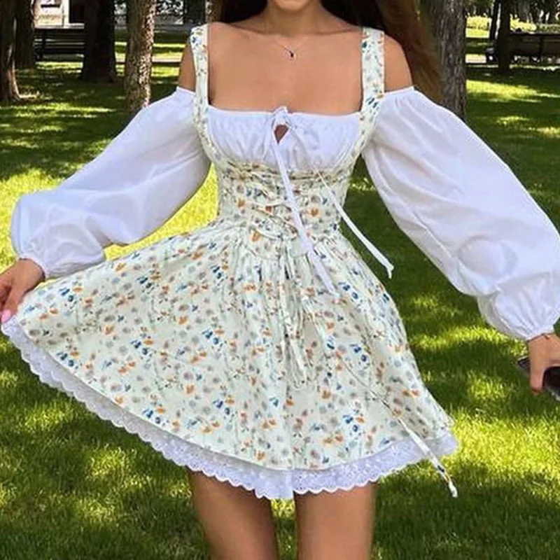 

Spring Summer Puff Sleeves Fashion Party Dress Elegant Floral Print Patchwork A-line Dress Lady Sexy Off Shoulder Holiday Dress