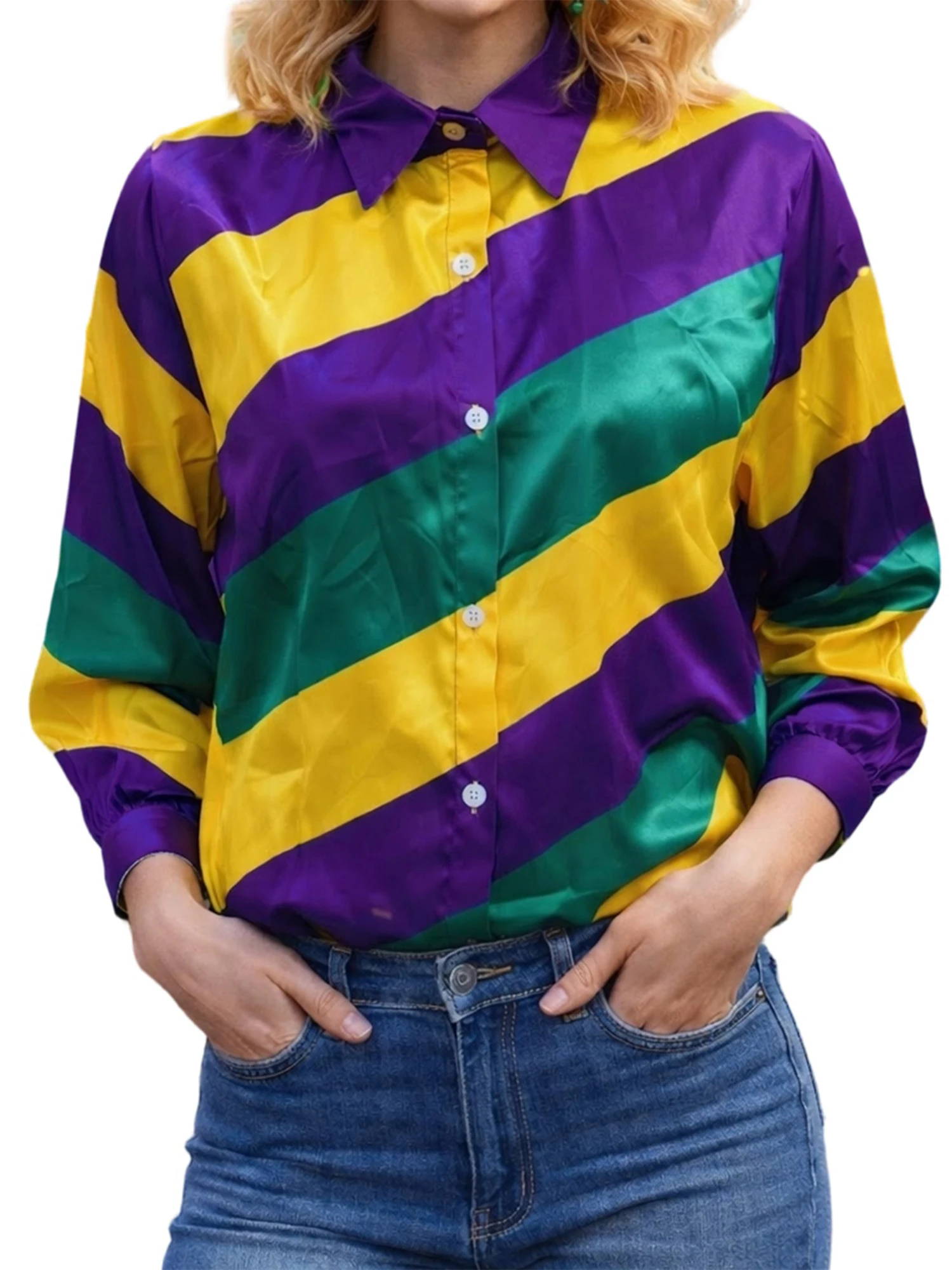 

Women s MardiGras Striped Shirts Fashionable Satin Long Sleeve Loose Fit Lapel Button Down Blouse