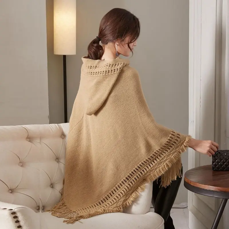 

Autumn Women Knitted Shawl Female Warm Color Tassel Cloak Shawl Scarf Ladies Capes Thick Warm Shawl Sweater Pullover Hooded G133