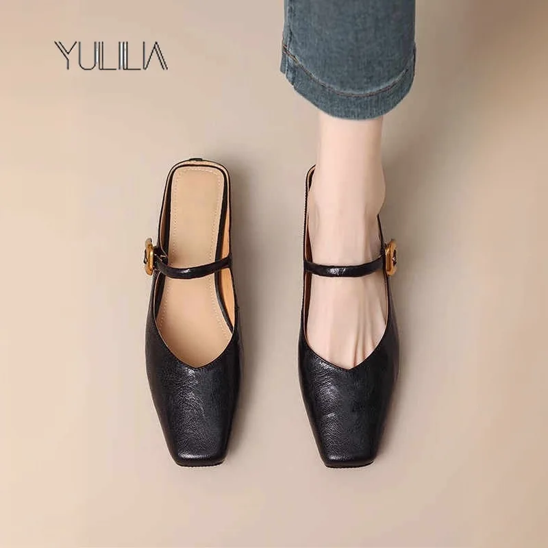 

Женские туфли YULILIA в стиле ретро с квадратным носком на толстом каблуке, летние мюли с полузастежкой, балетки Мэри Джейн, женские туфли без каблука
