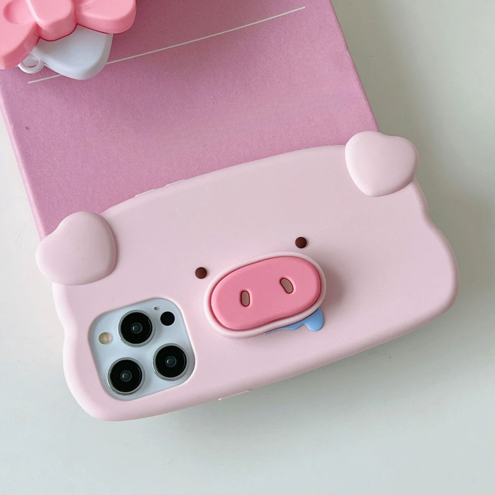 

For iPhone 16 Pro Max 15 14 Pro 13 12 11 Mini Cute 3D Cartoon Pig Nose Holder Phone Case, Ins Creative Stand Soft Silicone Cover