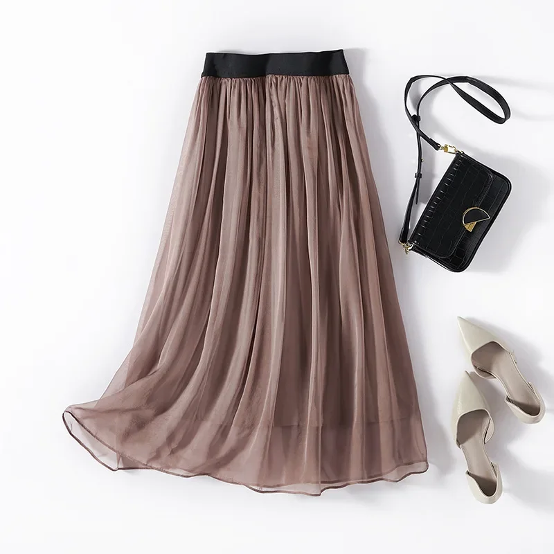 

100% Mulberry Silk Crepe Skirts, Elastic, High-Waist, Smooth, Summer, 98009